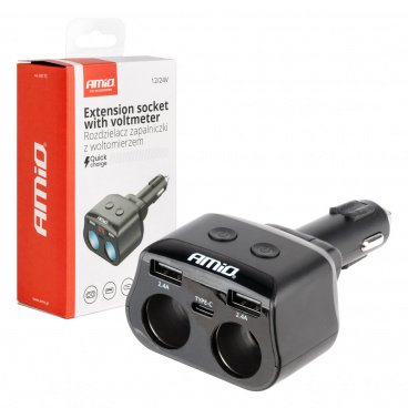 Doppelte Verlängerungssteckdose 2xUSB 1xUSB C 12/24V max 200W AMiO-04173