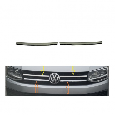 Edelstahl-Oberspiegel, schwarze Lamellen der Omtec VW T6-Frontmaske, 2 Stück Edelstahl-Oberspiegel, schwarze Lamellen der Omtec VW T6-Frontmaske, 2 Stück