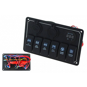 Przełącznik 12/24V ON-OFFx6, 1xZ, 2xUSB 3.1A , 1 LED volt, 3xB 15A IP68 Niebieski
