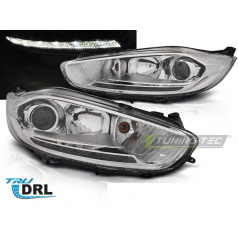 Klare Frontleuchten für Ford Fiesta MK7 13–16, LED-Tagfahrlicht, Chrom