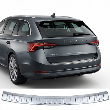 Geschliffene Edelstahl-Abdeckung der oberen Kante des hinteren Stoßfängers Škoda Octavia IV 2020+ Kombi Geschliffene Edelstahl-Abdeckung der oberen Kante des hinteren Stoßfängers Škoda Octavia IV 2020+ Kombi