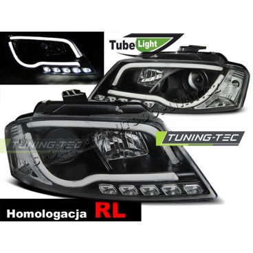 Audi A3 8P 2008–12 klare Frontleuchten, LED-Röhrenlichter, DRL, schwarz