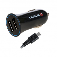 SWISSTEN Stecker mit 2x USB-Ausgang 2,4 A, 12/24V mit Micro-USB-Kabel, 44056