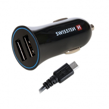 SWISSTEN Stecker mit 2x USB-Ausgang 2,4 A, 12/24V mit Micro-USB-Kabel, 44056