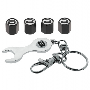 Luxuriöses Set aus schwarzen BUTZI-Ventilen und Schlüsselanhängern