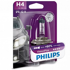 Halogenlampe Philips Vision Plus H4 12V 60/55W +60% 1 Stk.