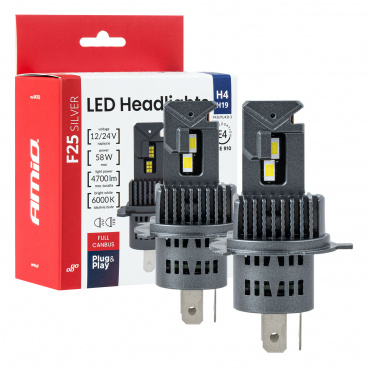 LED-Autolampen F25 SILVER FULL CANBUS 58W H4 H19 12V 24V AMIO-04703 LED-Autolampen F25 SILVER FULL CANBUS 58W H4 H19 12V 24V AMIO-04703