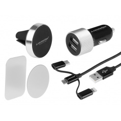 Luxus-Ladegerät 2xUSB 3.1A + Micro-USB-Kabel, USB-C + Magnethalterung