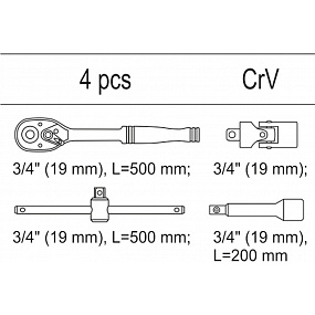 Steckschlüsseleinsatz - Satz Ratschen und Verlängerungen, 3/4", 4-tlg