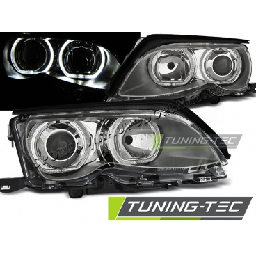 BMW E46 09.2001-03.2005 Angel Eyes LED-Chrom-Frontscheinwerfer, klar BMW E46 09.2001-03.2005 Angel Eyes LED-Chrom-Frontscheinwerfer, klar