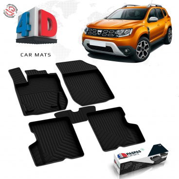 Gummiset 4D präziser Autoteppiche Dacia Duster 2018-24 4x2 inklusive Abdeckung des hinteren mittleren Teils