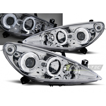 Peugeot 307 04.2001-06.2005 Angel Eyes Chrom-Frontscheinwerfer, klar Peugeot 307 04.2001-06.2005 Angel Eyes Chrom-Frontscheinwerfer, klar