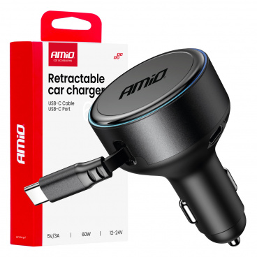 Autoladegerät mit einziehbarem Kabel Typ C + USB-C 12V 24V 60W AMIO-04368 Autoladegerät mit einziehbarem Kabel Typ C + USB-C 12V 24V 60W AMIO-04368