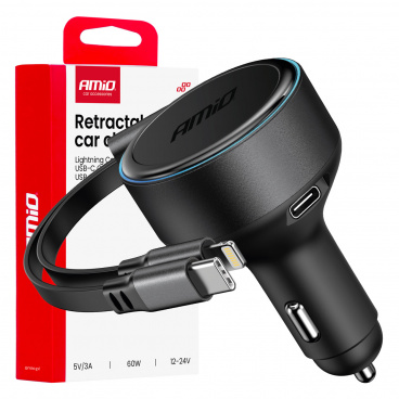 Autoladegerät mit aufrollbarem Kabel Typ C + Lightning iPhone + USB-C 12V 24V 60W AMIO-04370 Autoladegerät mit aufrollbarem Kabel Typ C + Lightning iPhone + USB-C 12V 24V 60W AMIO-04370