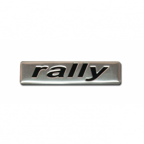 Kunststoffemblem RALLY in Aluminiumausführung mit Aufklebung 70x17 mm
